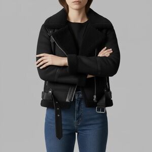 Black Shearling-Lined Leather Moto Jacket